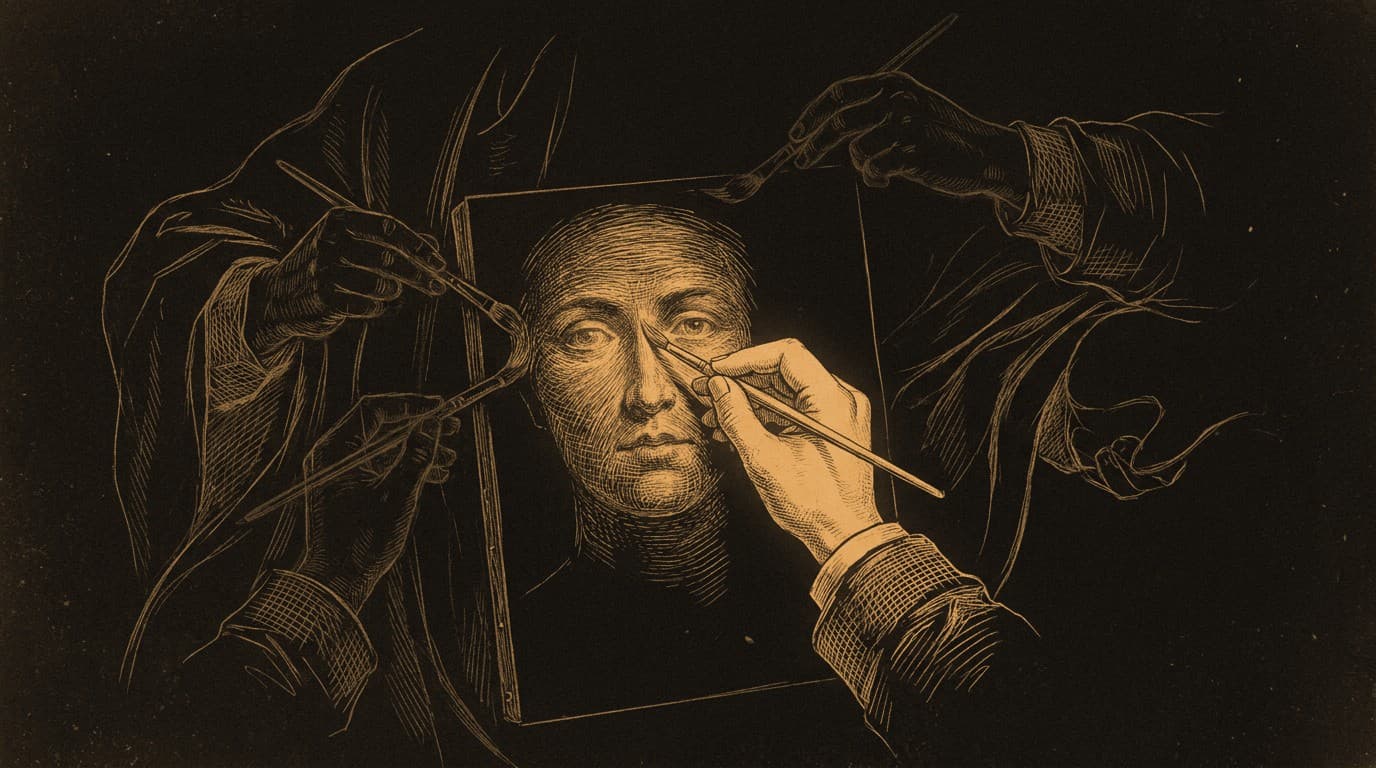 An engraving of a master's hand painting a luminous face while shadowed apprentice hands work the robes around it
