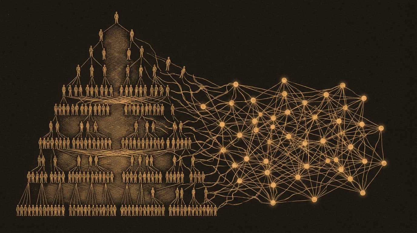 An engraved hierarchy of human figures dissolving into a flat mesh of glowing nodes