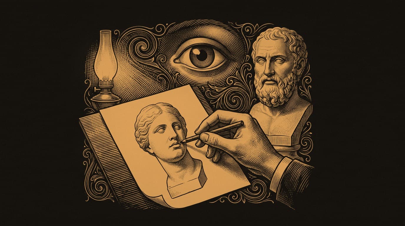 An engraving of a hand drawing a classical plaster cast by lamplight, watched by a single eye